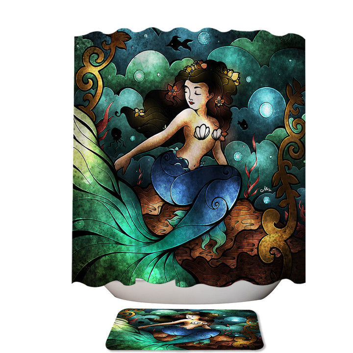 Stained Glass Art Underwater Beautiful Mermaid Shower Curtains