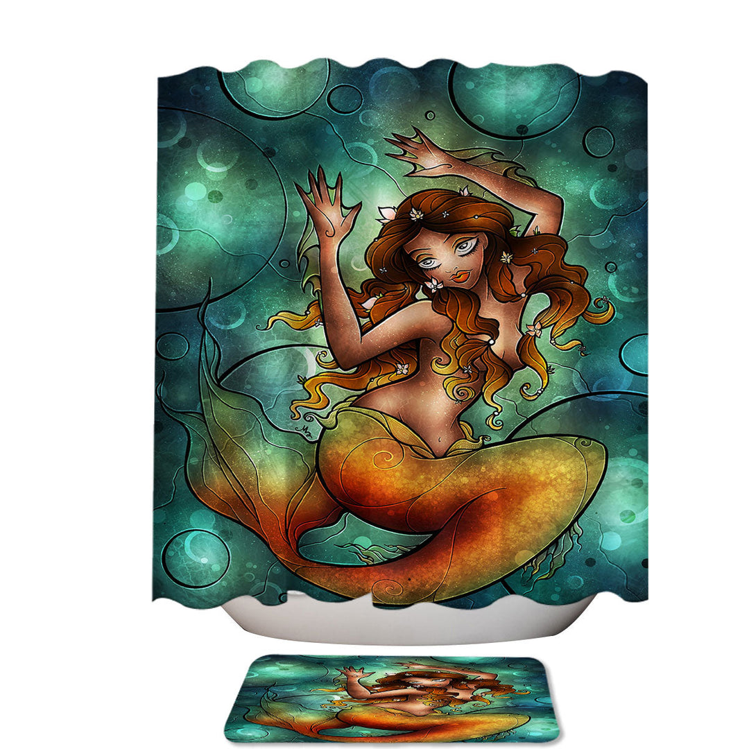 Stained Glass Art Underwater Golden Mermaid Fabric Shower Curtain