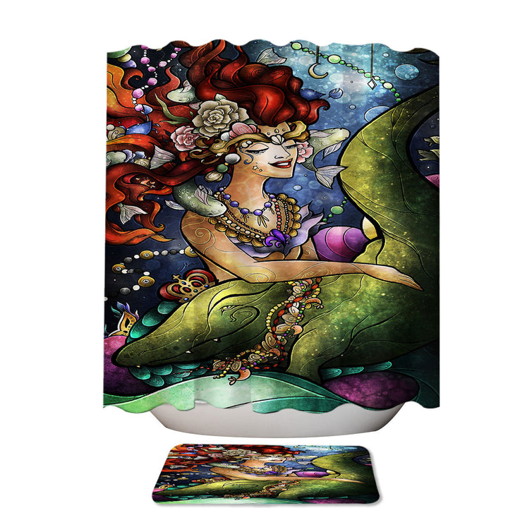 Stained Glass Art Underwater Mermaid and Crocodile Shower Curtains