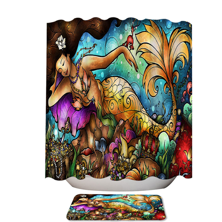 Stained Glass Art Underwater Treasure and Mermaid Fabric Shower Curtain