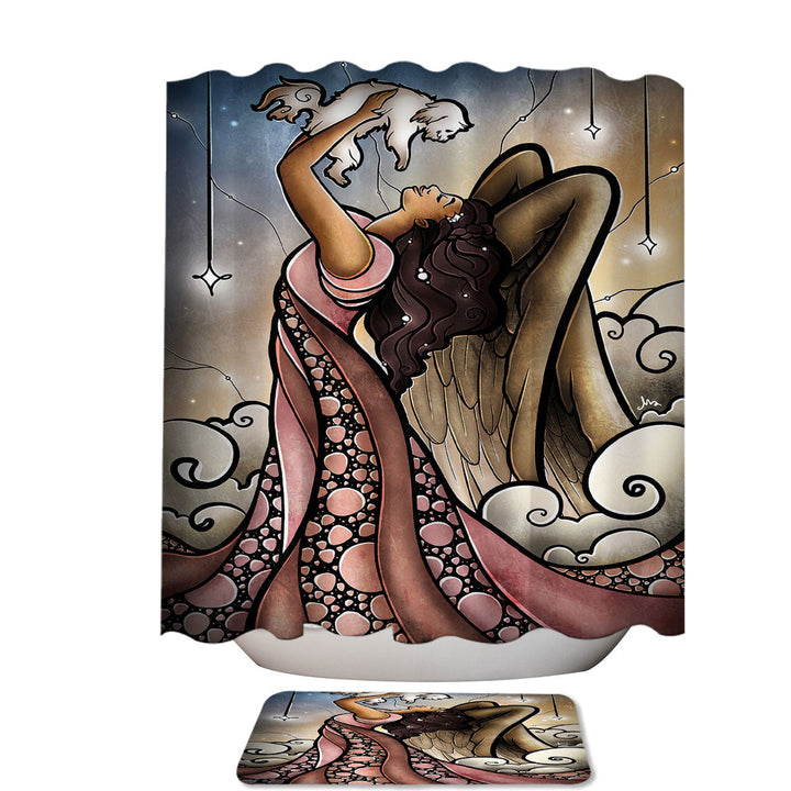 Stained Glass Art Welcome Home Angel and Dog Puppy Unique Shower Curtains