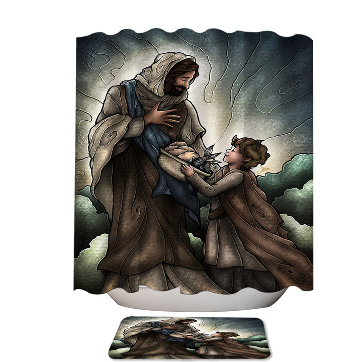 Stained Glass Christian Art Fish and Bread Jesus Extra Wide Shower Curtain