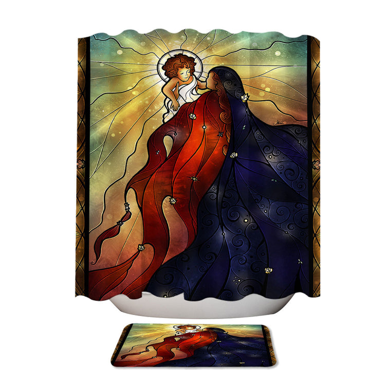 Stained Glass Christian Art Mary and Jesus Fabric Shower Curtain