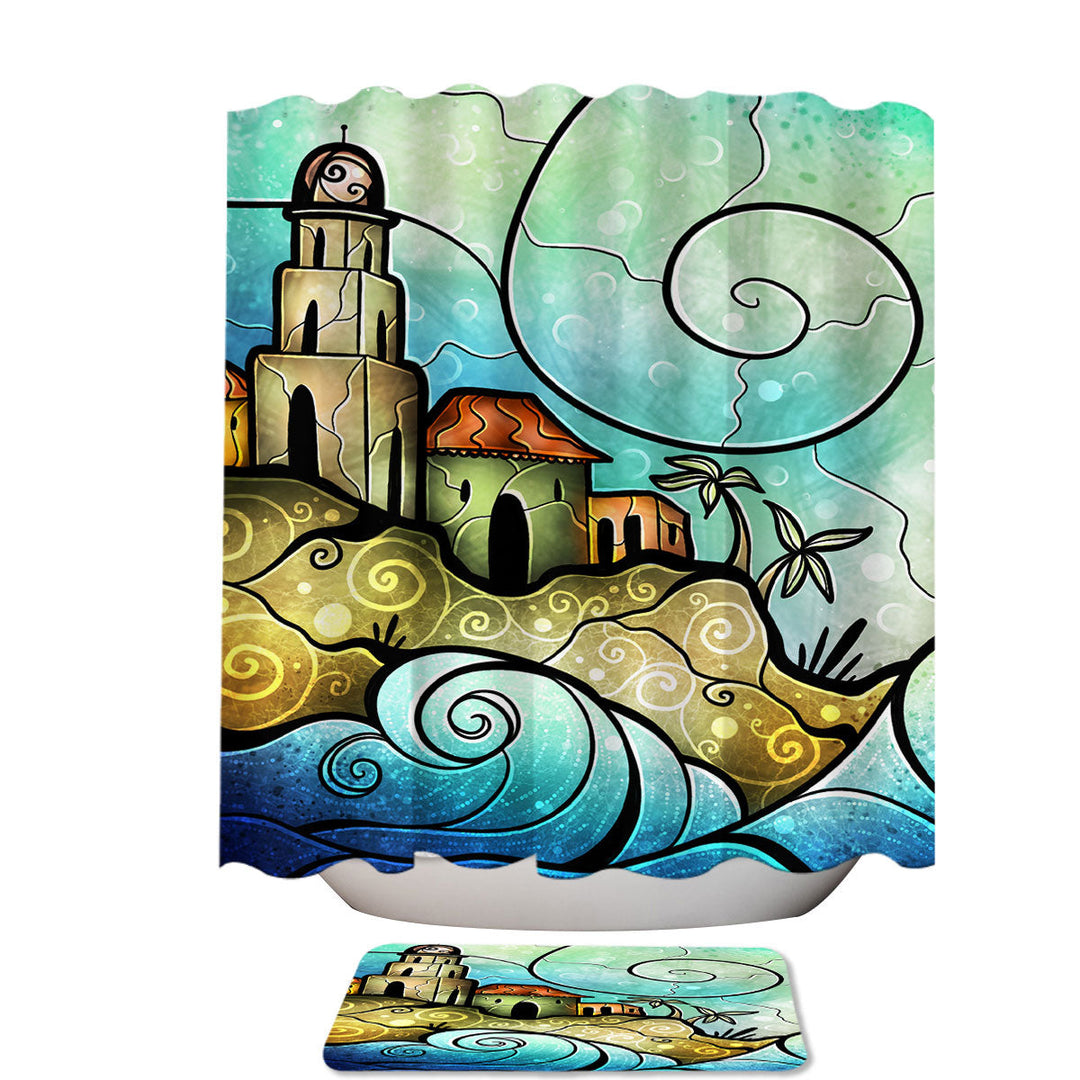 Stained Glass Coastal Art Morro Castle Unique Shower Curtains