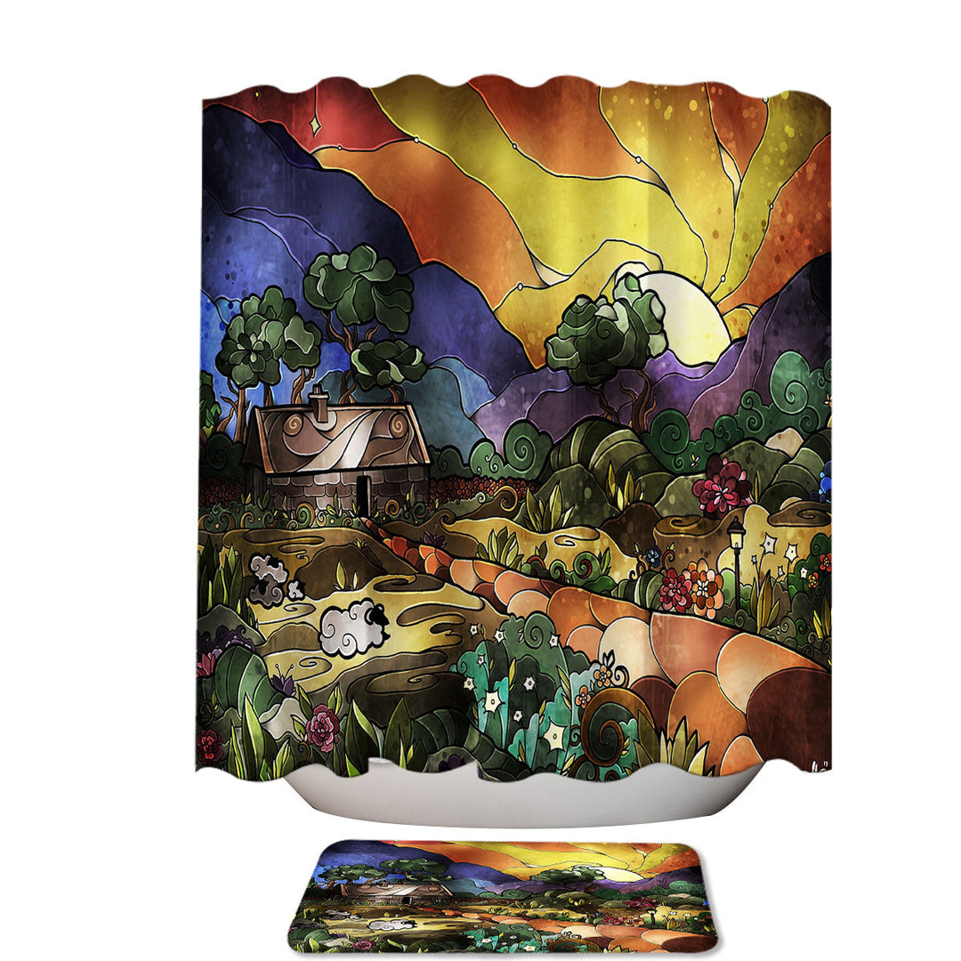 Stained Glass Country Art the Shepherds Cottage Unique Shower Curtains