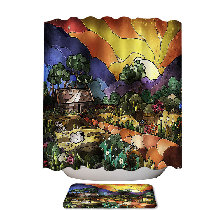 Stained Glass Country Art the Shepherds Cottage Unique Shower Curtains
