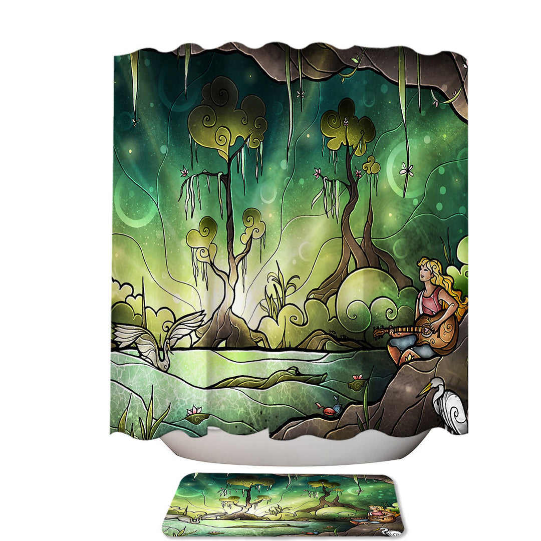 Stained Glass Forest Green Art Crane Lake Stall Shower Curtain
