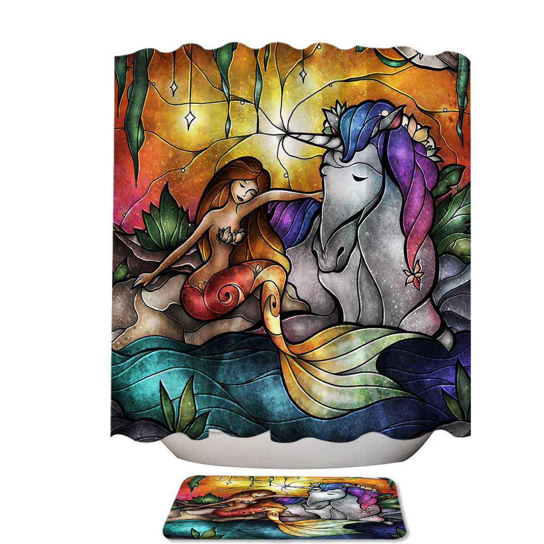Stained Glass Magical Art Unicorn and Mermaid Shower Curtains