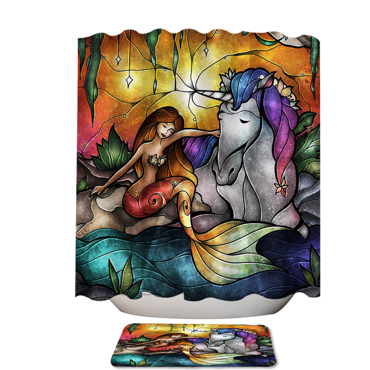 Stained Glass Magical Art Unicorn and Mermaid Shower Curtains