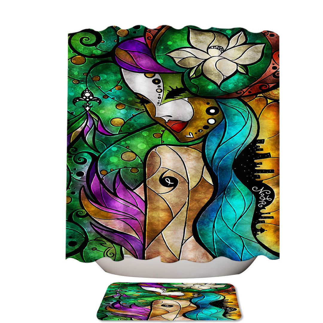 Stained Glass Nola the Tropical Flower Masked Girl Shower Curtain
