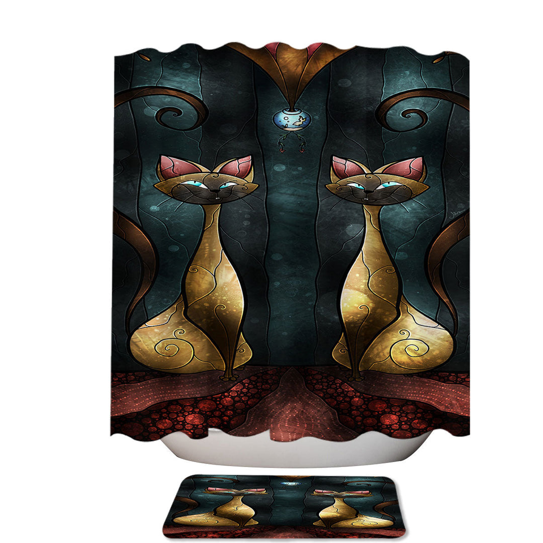 Stained Glass Siamese Tease Cat Art Shower Curtain