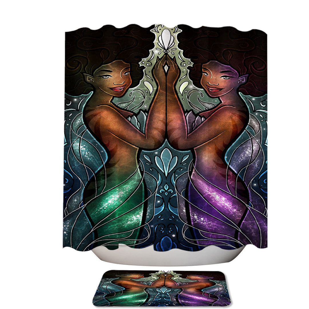 Stained Glass Twinsies Beautiful Black Mermaids Unique Shower Curtains