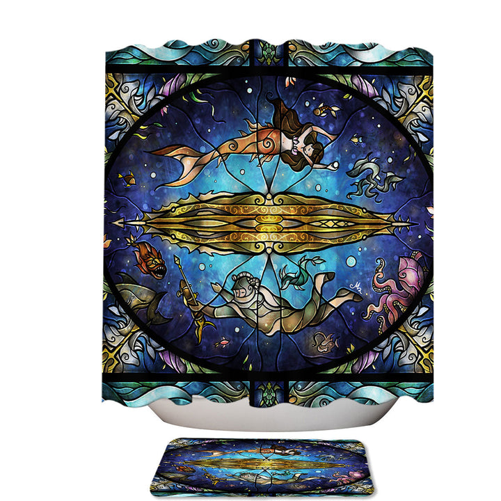 Stained Glass Under the Sea Art Diver and Mermaid Shower Curtains