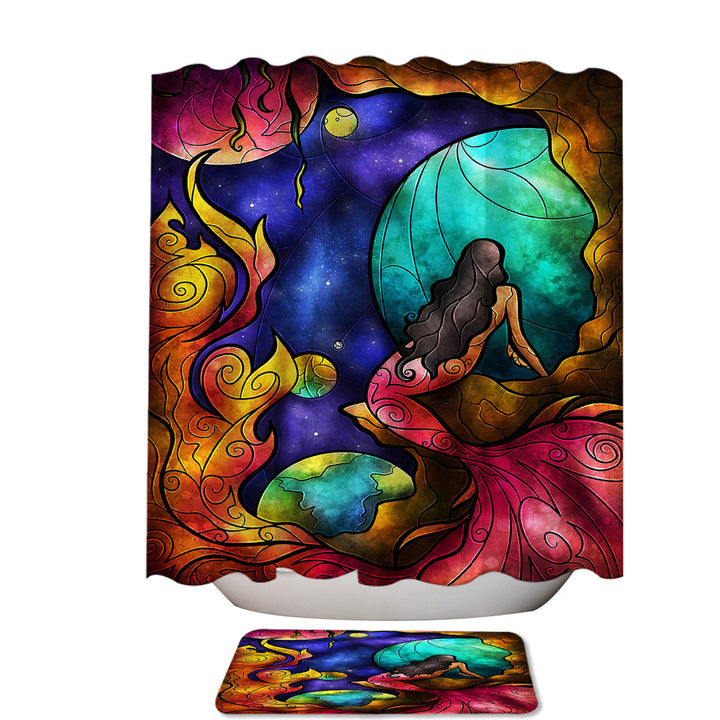 Stained Glass Worlds Within Worlds Space Mermaid Cool Shower Curtains