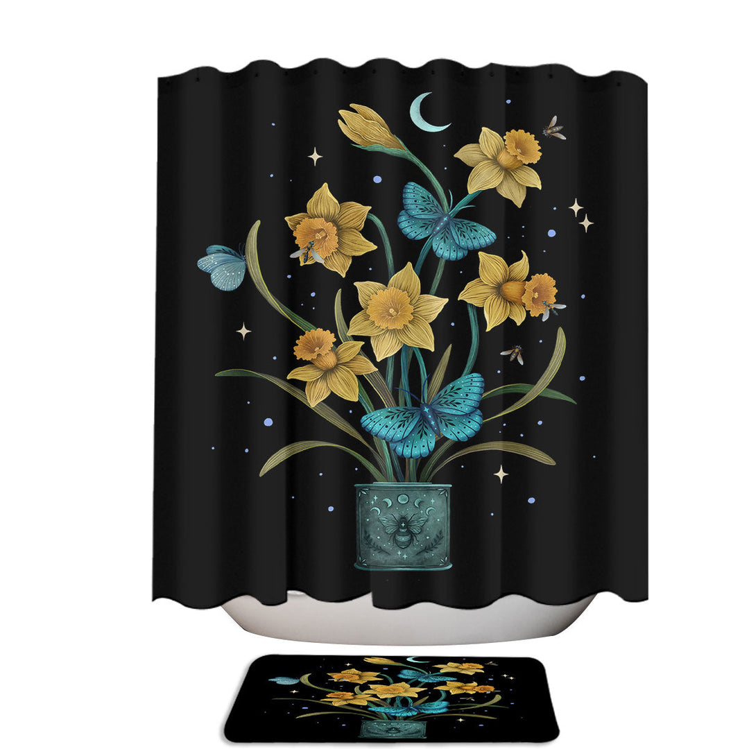 Yellow Daffodil Flowers and Butterflies Shower Curtain