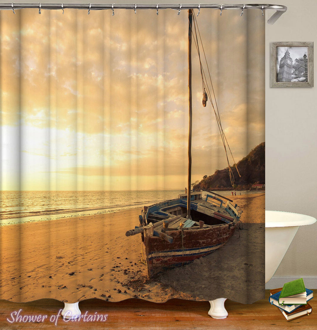 Abandoned Sailboat On The Beach Themed Shower Curtains
