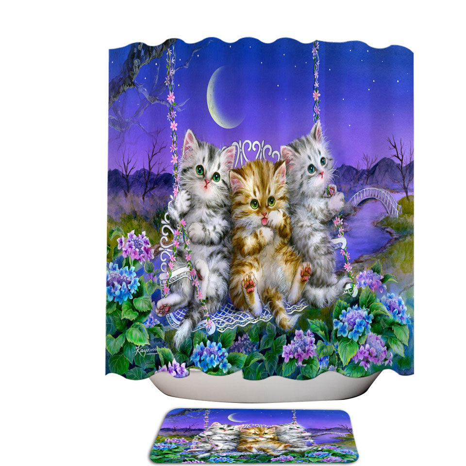Adorable Cats Art Floral Swing Kittens Shower Curtain for Sale