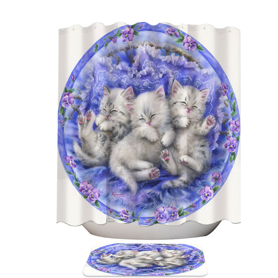 Adorable Cute Three White Kittens on Purple Shower Curtain Made of Fabric