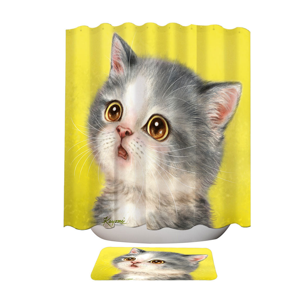 Adorable Fabric Shower Curtains Staring Grey Kitty Cat