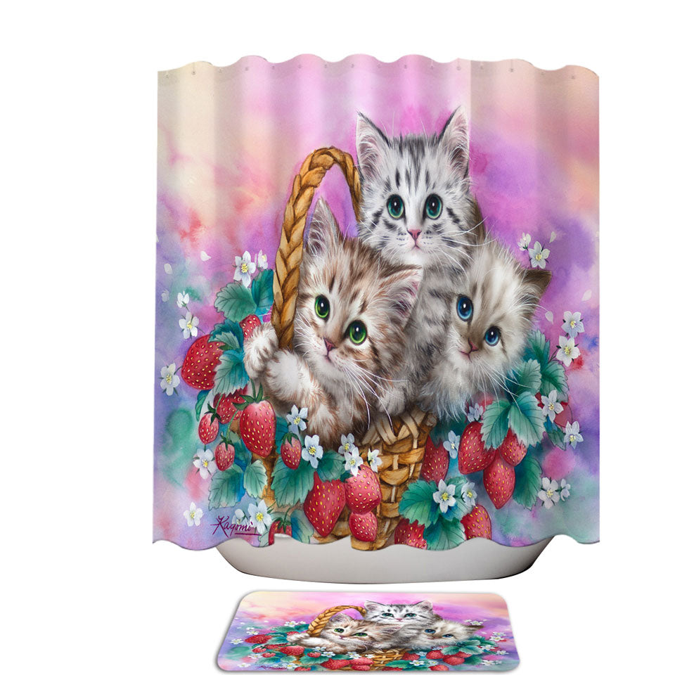 Adorable Fabric Shower Curtains Strawberry Basket with Kittens