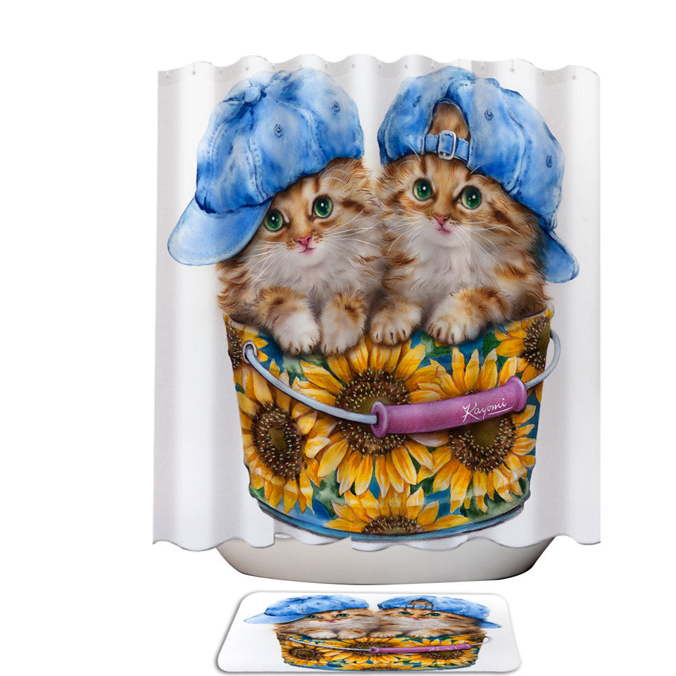 Adorable Funny Kittens Sunflower Bucket Shower Curtain