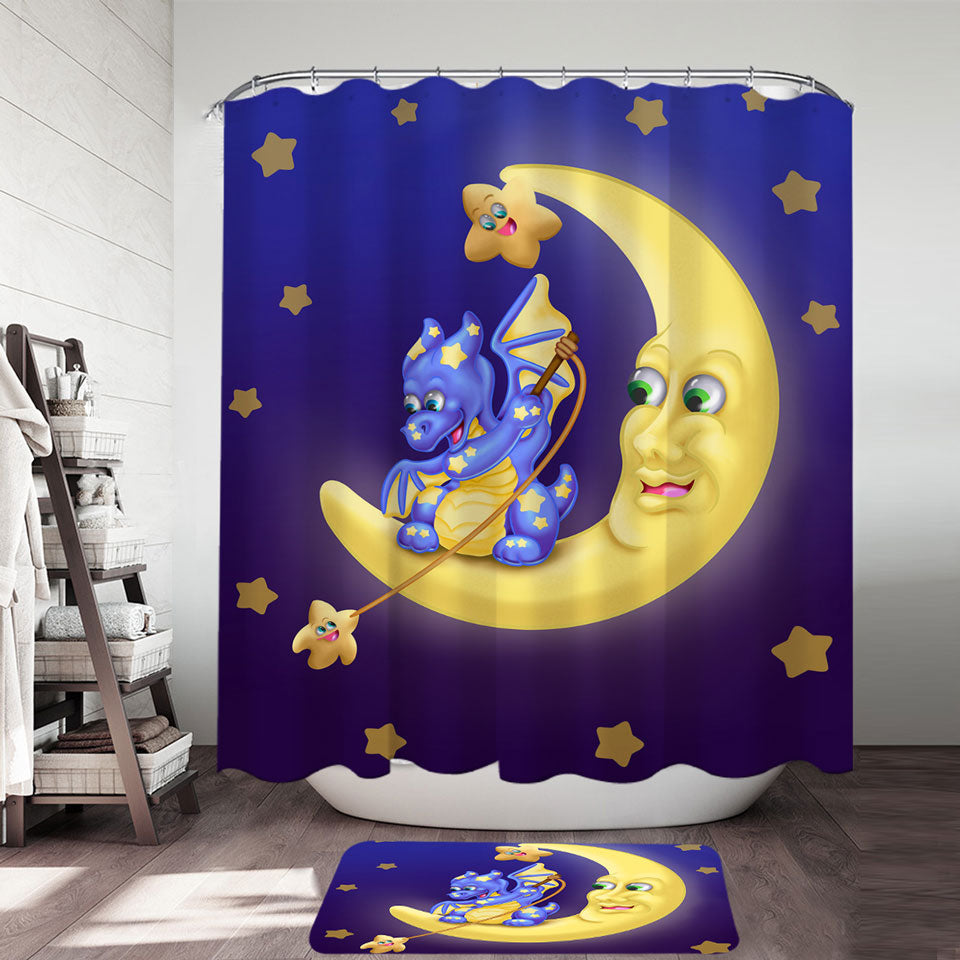 Adorable Kids Shower Curtains Baby Dragon on the Moon