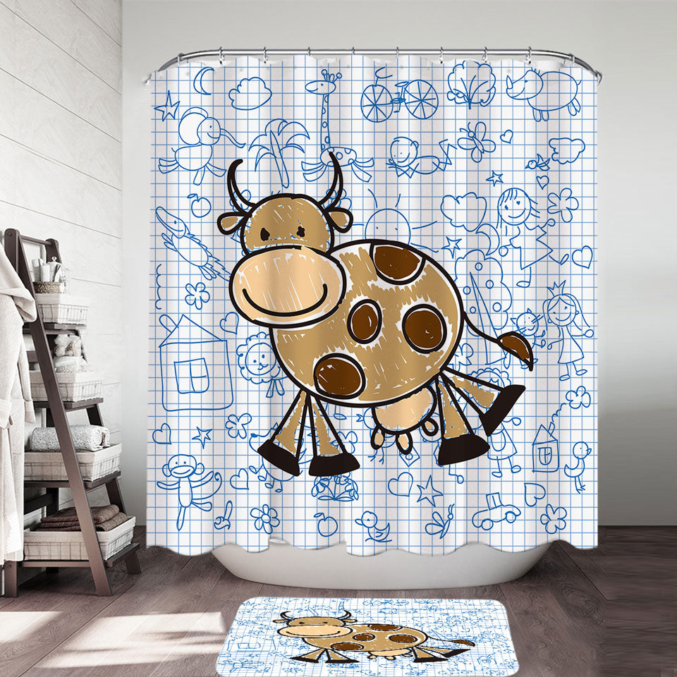 Adorable Kids Shower Curtains Drawing of a Cow