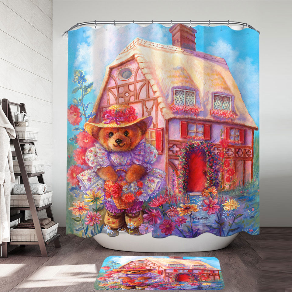Adorable Kids Shower Curtains Vintage Art Painting the Little Bear House