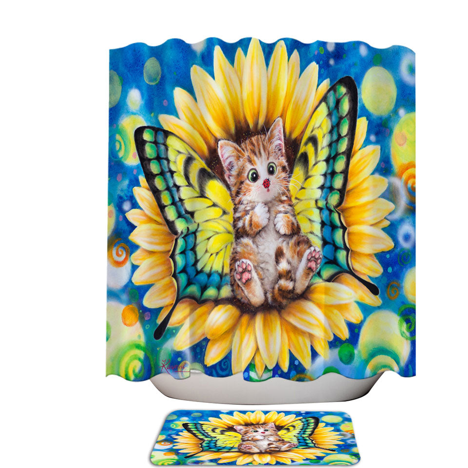 Adorable Kittens Shower Curtains for Kids Sunflower Fairy Cat