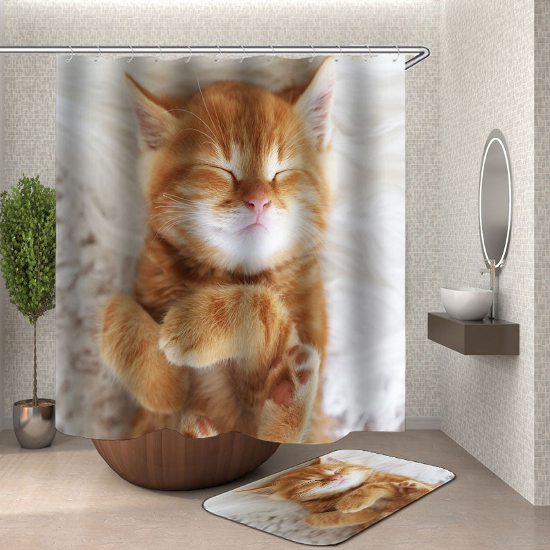 Adorable Shower Curtain Cute Sleeping Little Cat Kitten