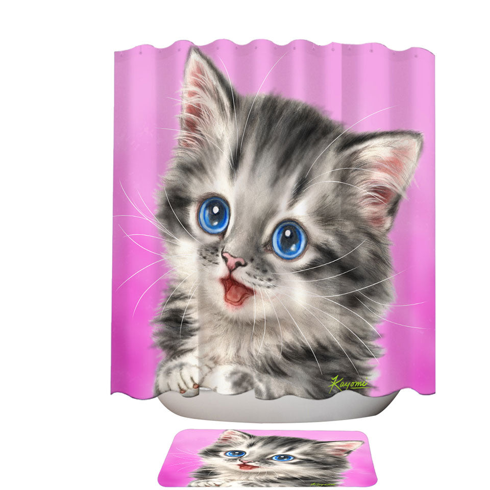 Adorable Trendy Shower Curtains Painted Cats Baby Blue Eyes Grey Kitty