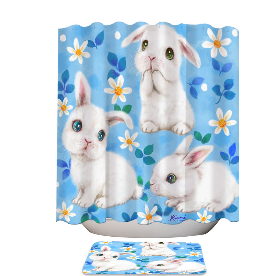 Adorable White Bunnies and Flowers Shower Curtains for Kids
