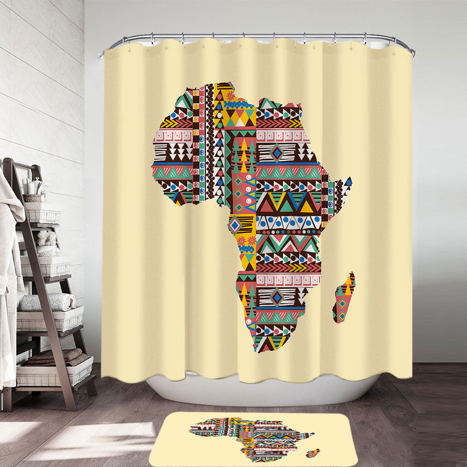 African Shower Curtain Multi Colored Patterns on Africa Map