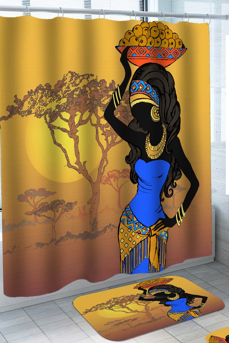 African Shower Curtain with Landscape and Blue Dress Girl