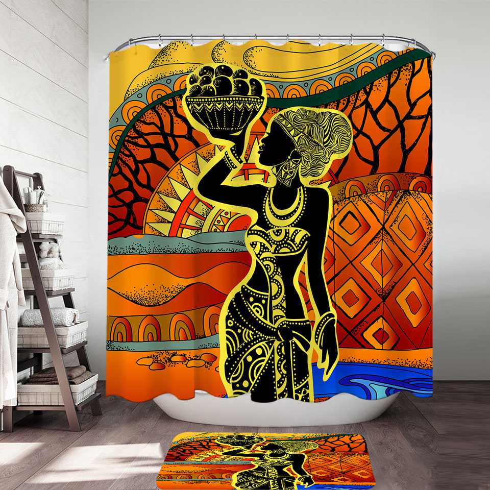 African Woman Shower Curtain in Black and Yellow