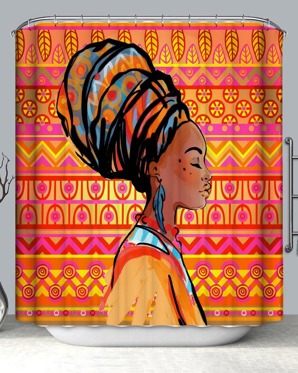 African Woman Shower Curtain with Bright Colored Pattern