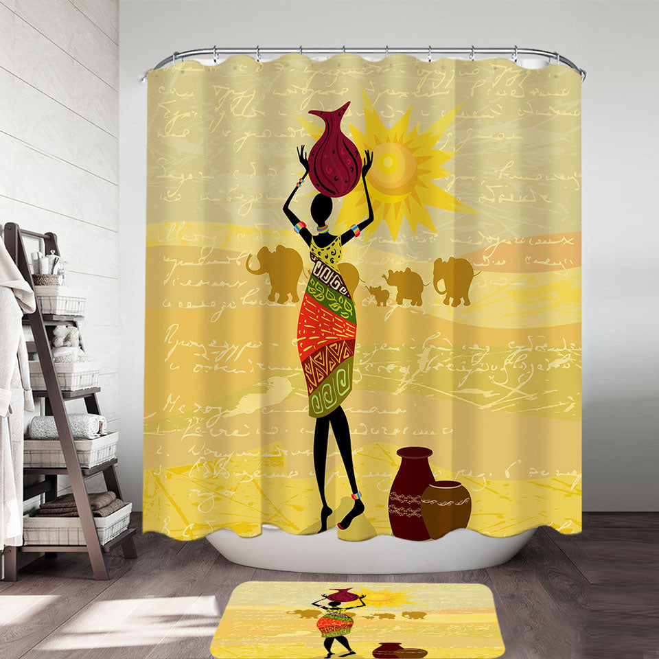 African Woman Shower Curtain with an Elephant Parade