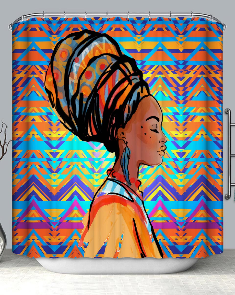 African Woman Shower Curtains with Colored Triangles Pattern