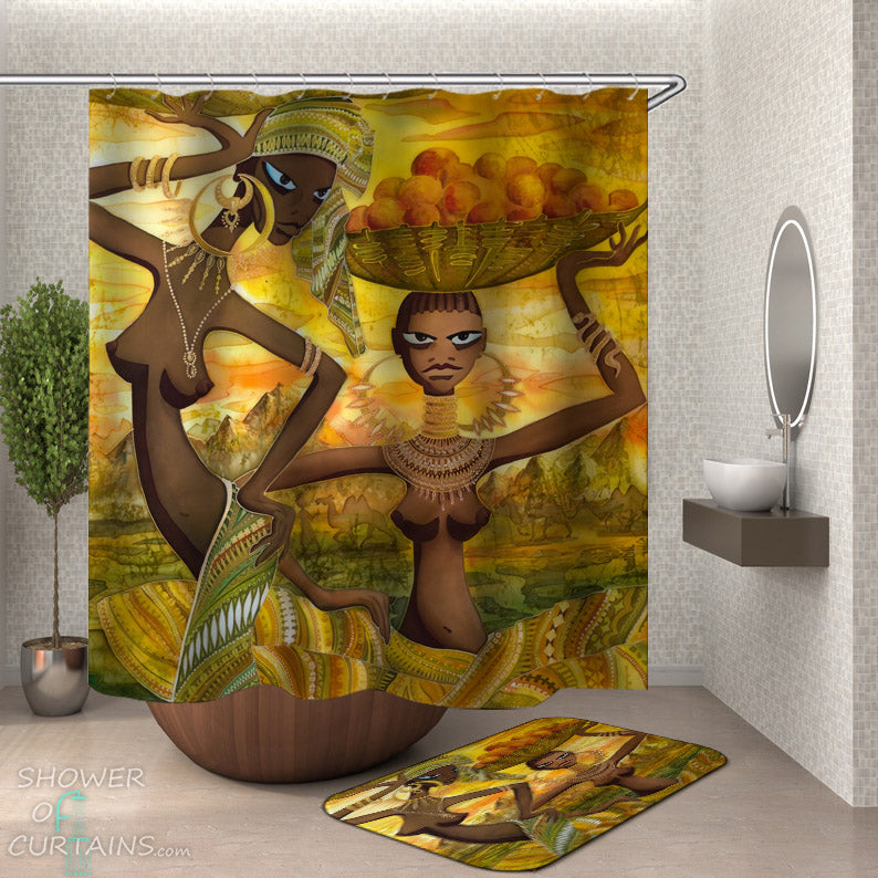African Shower Curtain of African Tribal Ladies Shower Curtain and Bath Mat