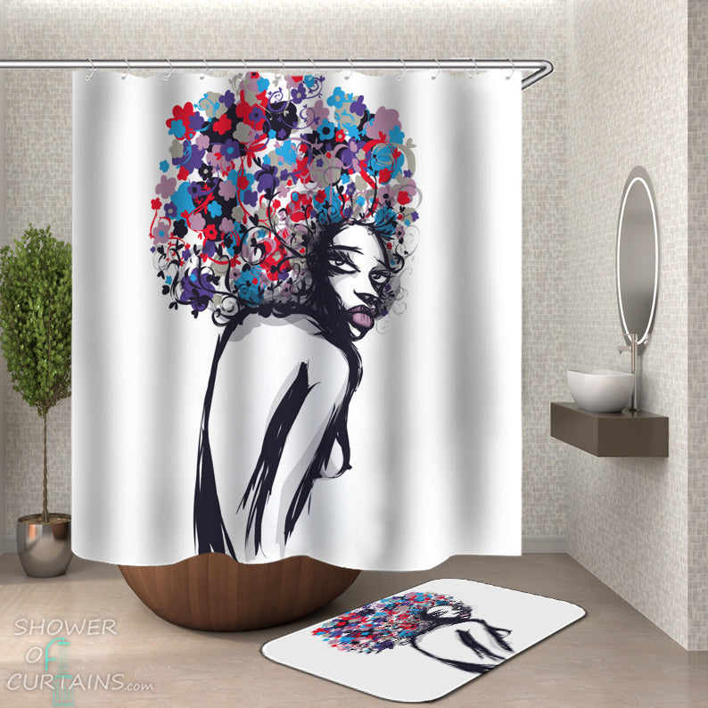 Afro Girl Shower Curtain and Bath Mat of Multi Colored Afro Girl Drawing
