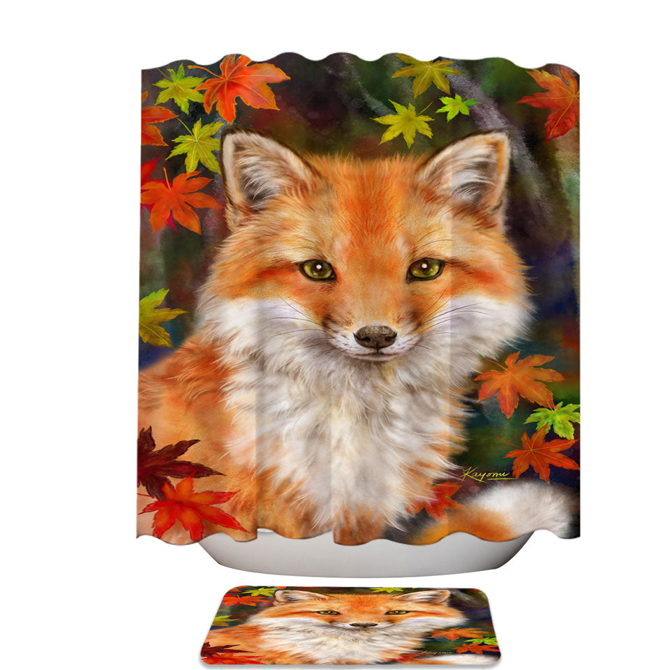 Animal Paintings Fox with Autumn Leaves Shower Curtain