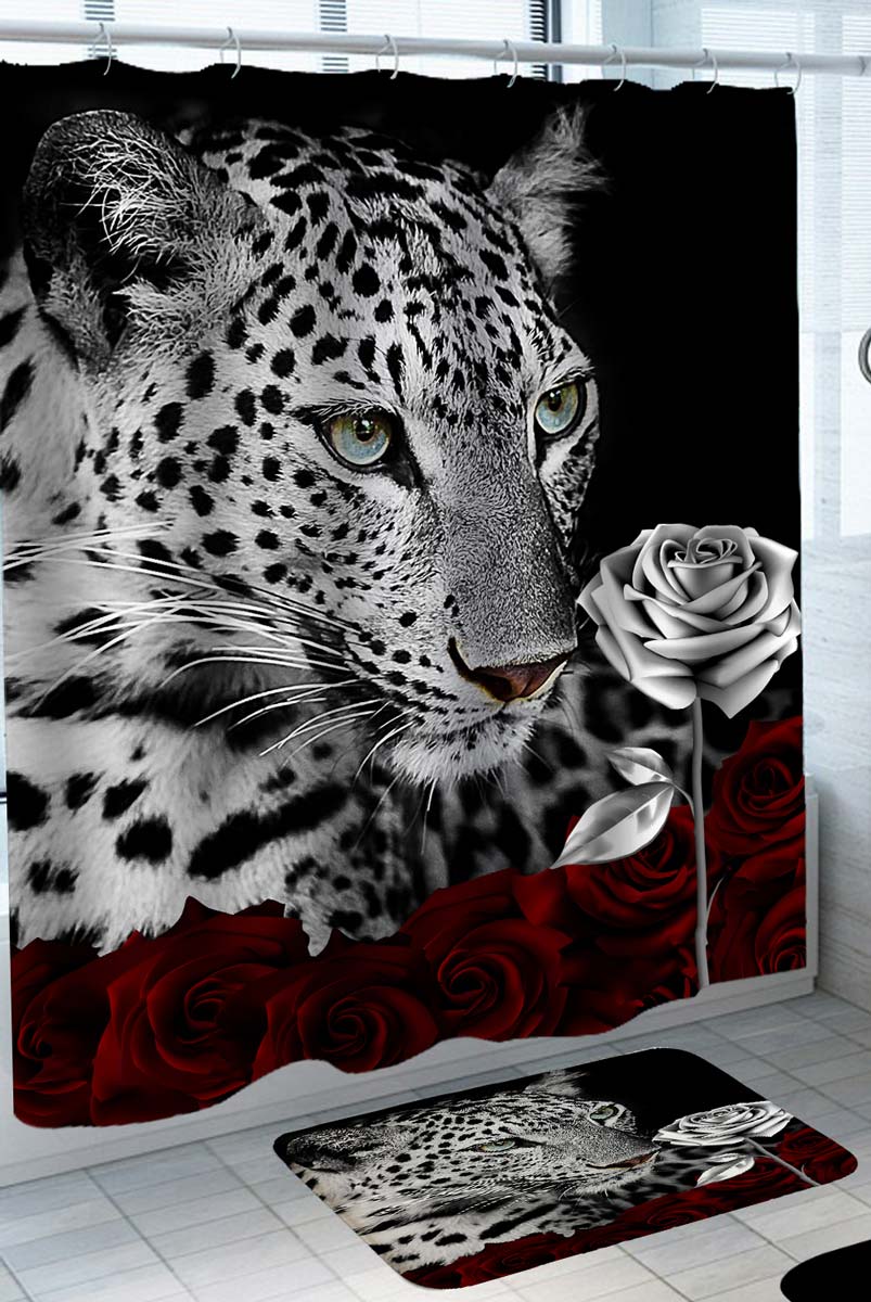 Animal Shower Curtain Black and White Leopard and Roses