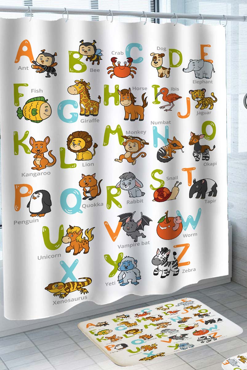 Animal Shower Curtain with Alphabet Children Design