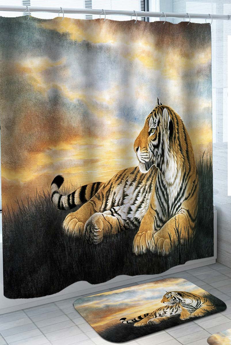 Animal Shower Curtain with Chilling Wild Tiger at Sunset