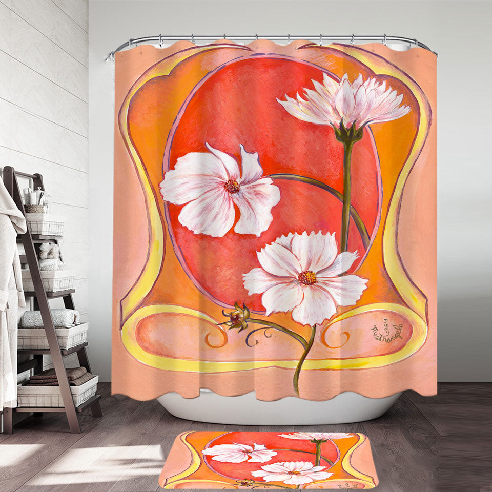 Art Deco Cosmos White Flowers Shower Curtain