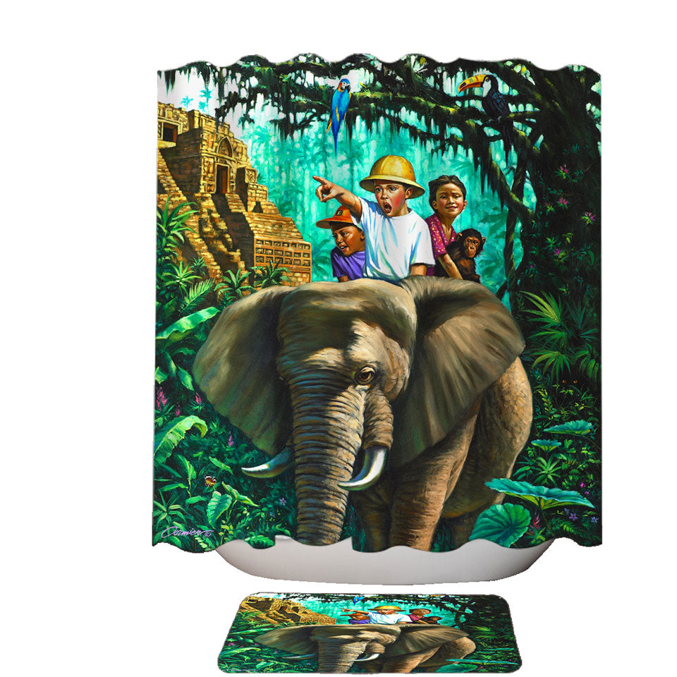 Art Painted Elephant Monkey and Jungle Kids Shower Curtains
