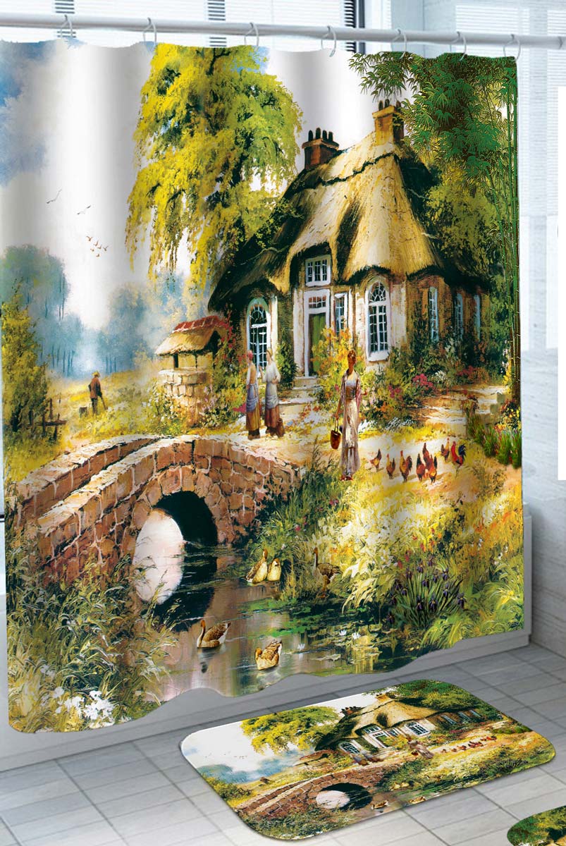 Art Painted Shower Curtain of Old Village House by the Canal
