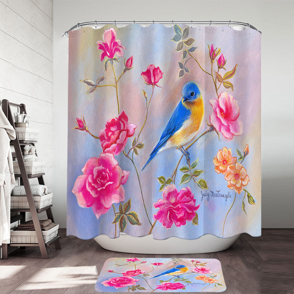 Art Painting Blue Bird in Roses Shower Curtain