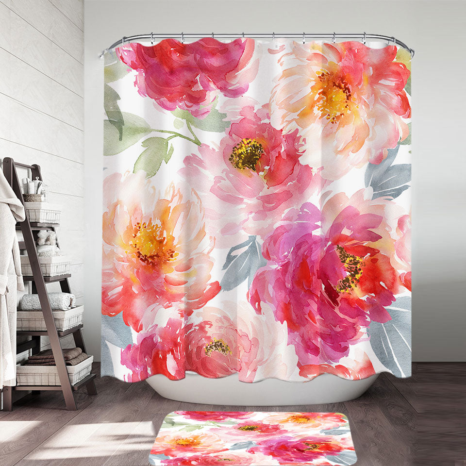 Art Painting Fabric Shower Curtains Peach Red Flowers