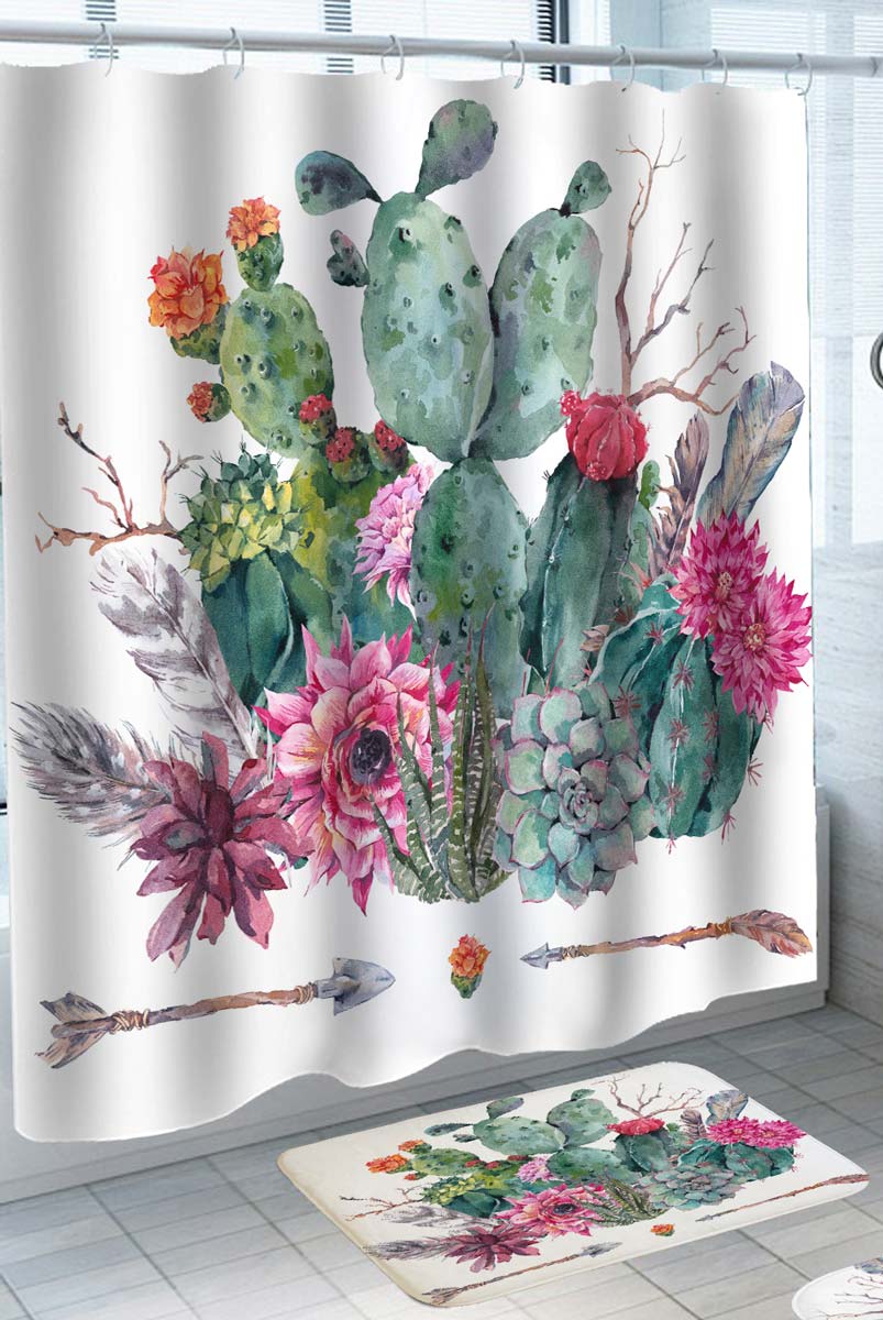 Art Painting Flowers and Cactus Shower Curtain